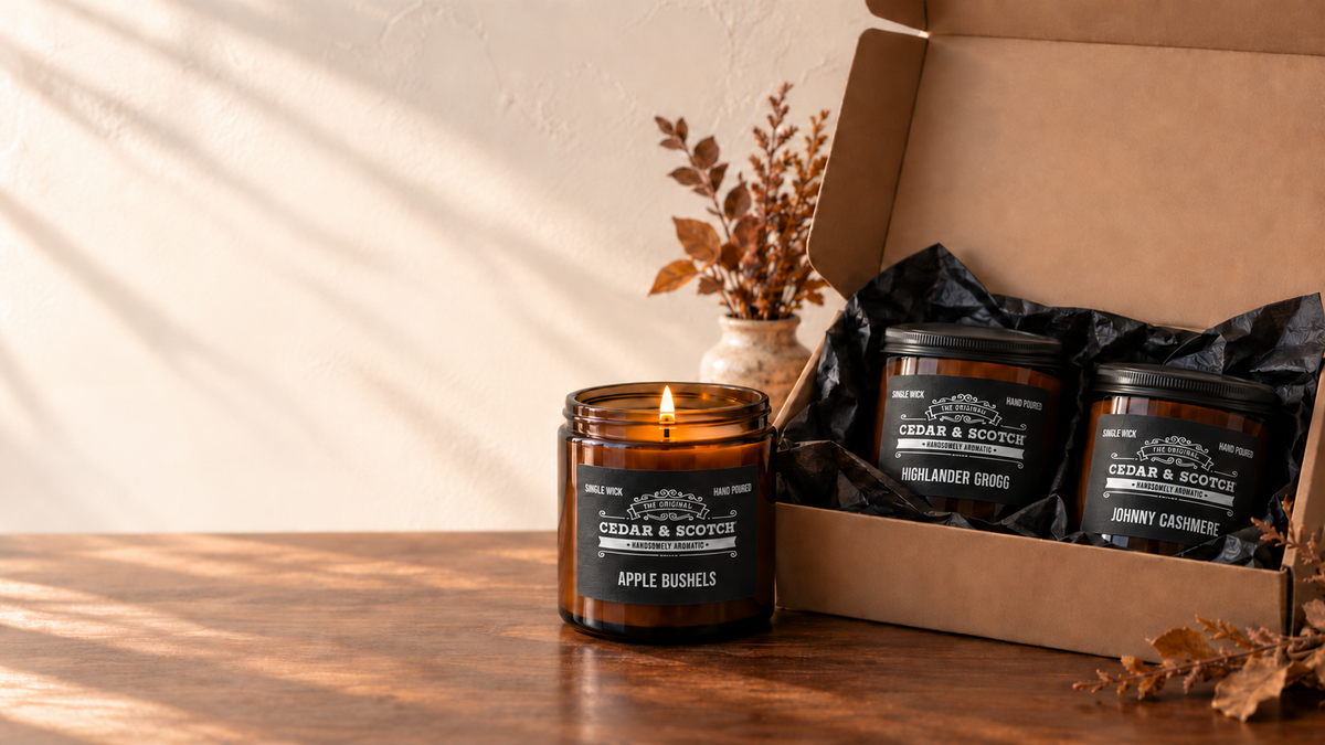 An amber glass jar candle with a lit flame sits on a wooden table beside an open kraft gift box containing two more matching candles in black packaging. The candles have black labels reading Cedar & Scotch.