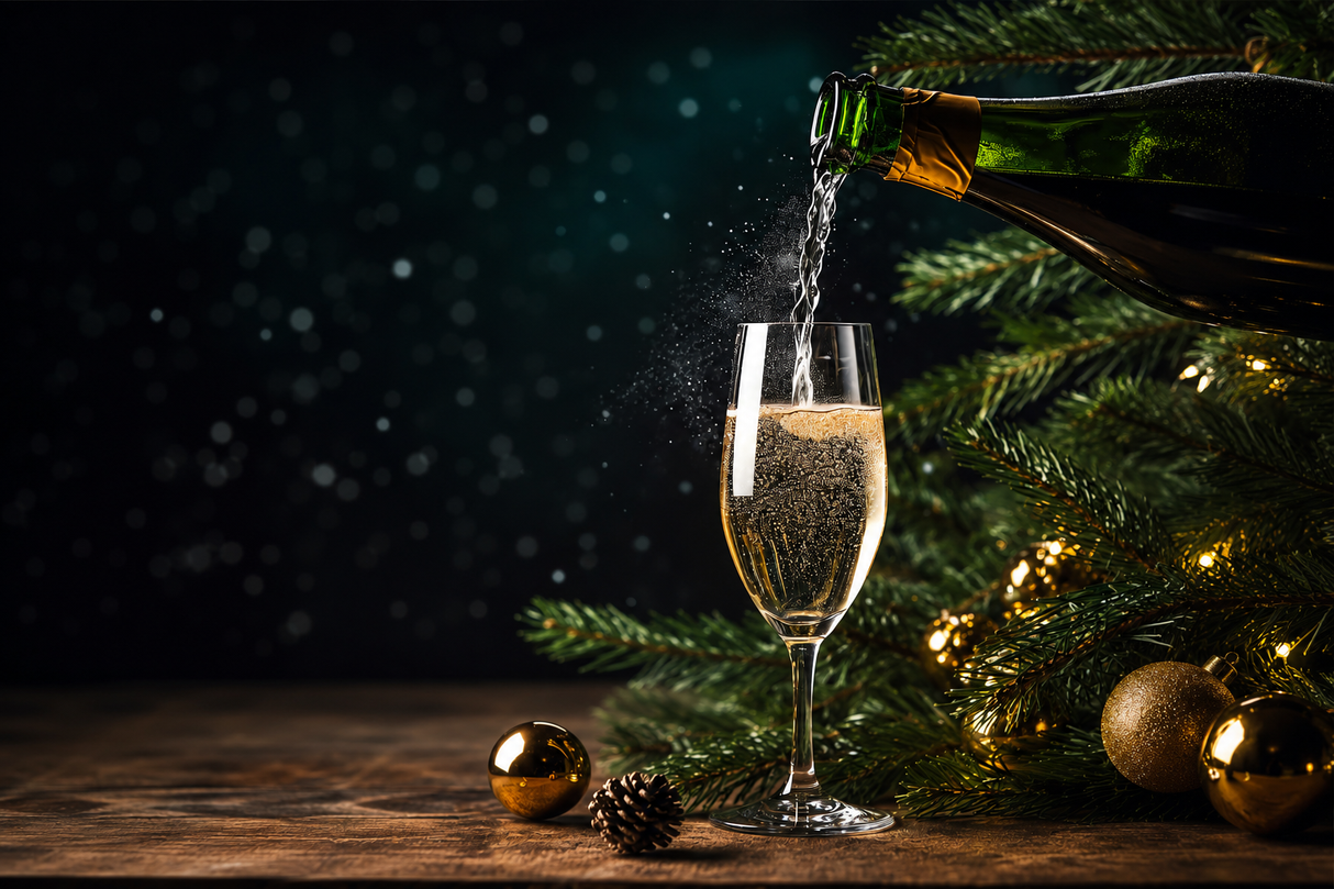 Champagne being poured from a dark green bottle into a clear champagne flute, set on a wooden surface with Christmas tree branches, gold ornaments, and a dark festive background.