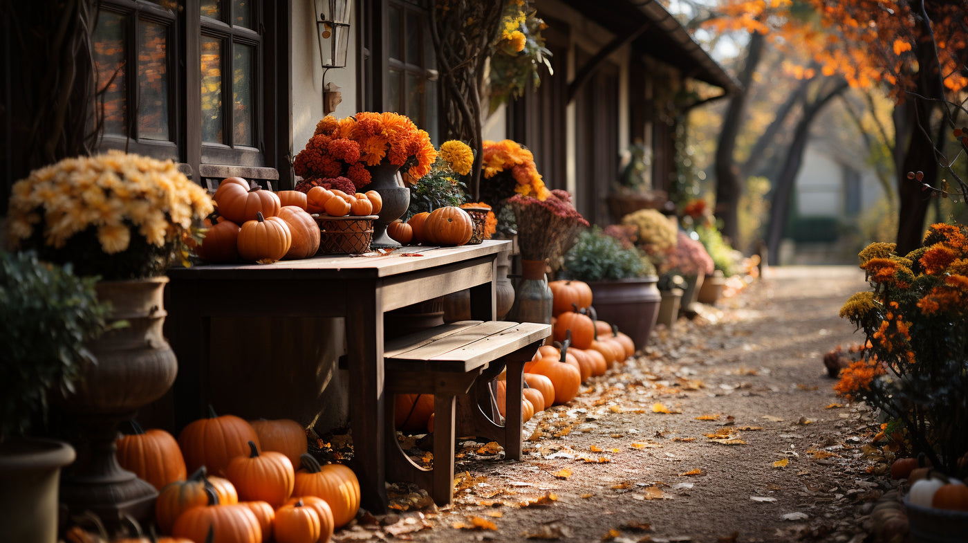 Mums and pumpkins on a wooden bench outdoors