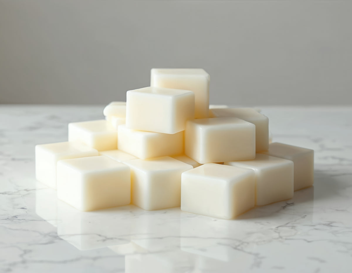 Stack of white wax melt cubes on a marble surface