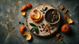 A styled still life of dried spices and citrus on a round wooden board, set on a dark textured stone surface. The arrangement includes orange peel slices, whole orange segments, cinnamon sticks, star anise, cardamom pods, cloves, and a small bowl of dark spices.