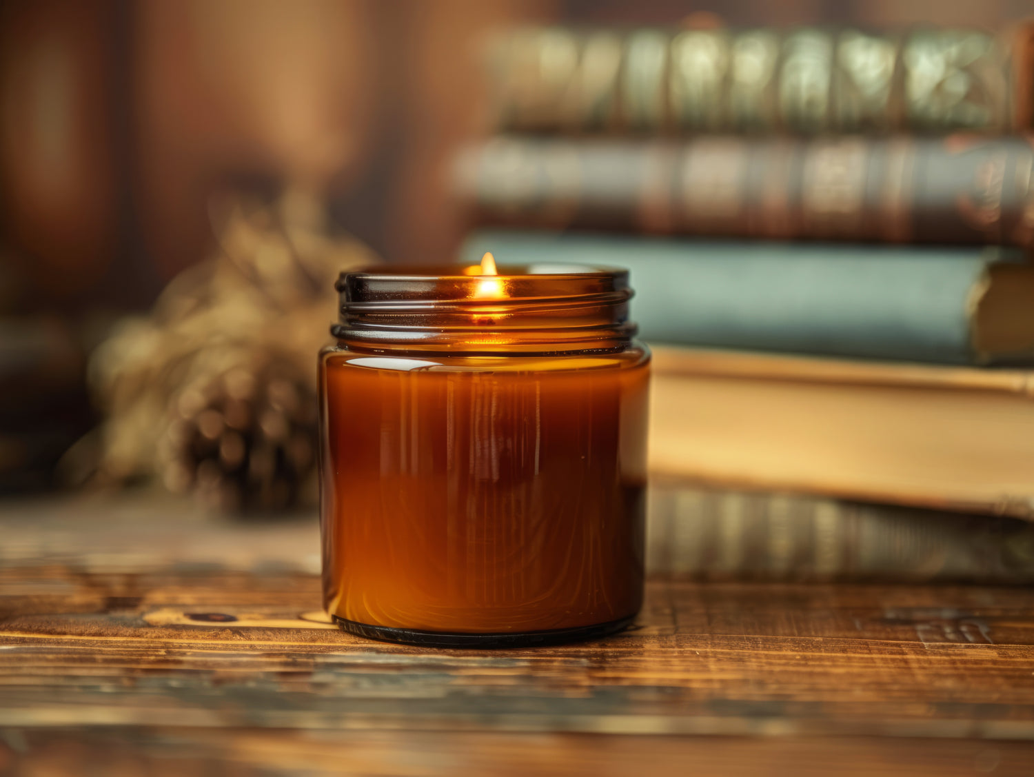 Candle in an amber jar on a wooden surface with books in the background