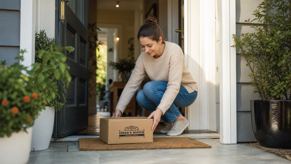 Woman retrieving a Cedar & Scotch delivery box from her front doorstep.