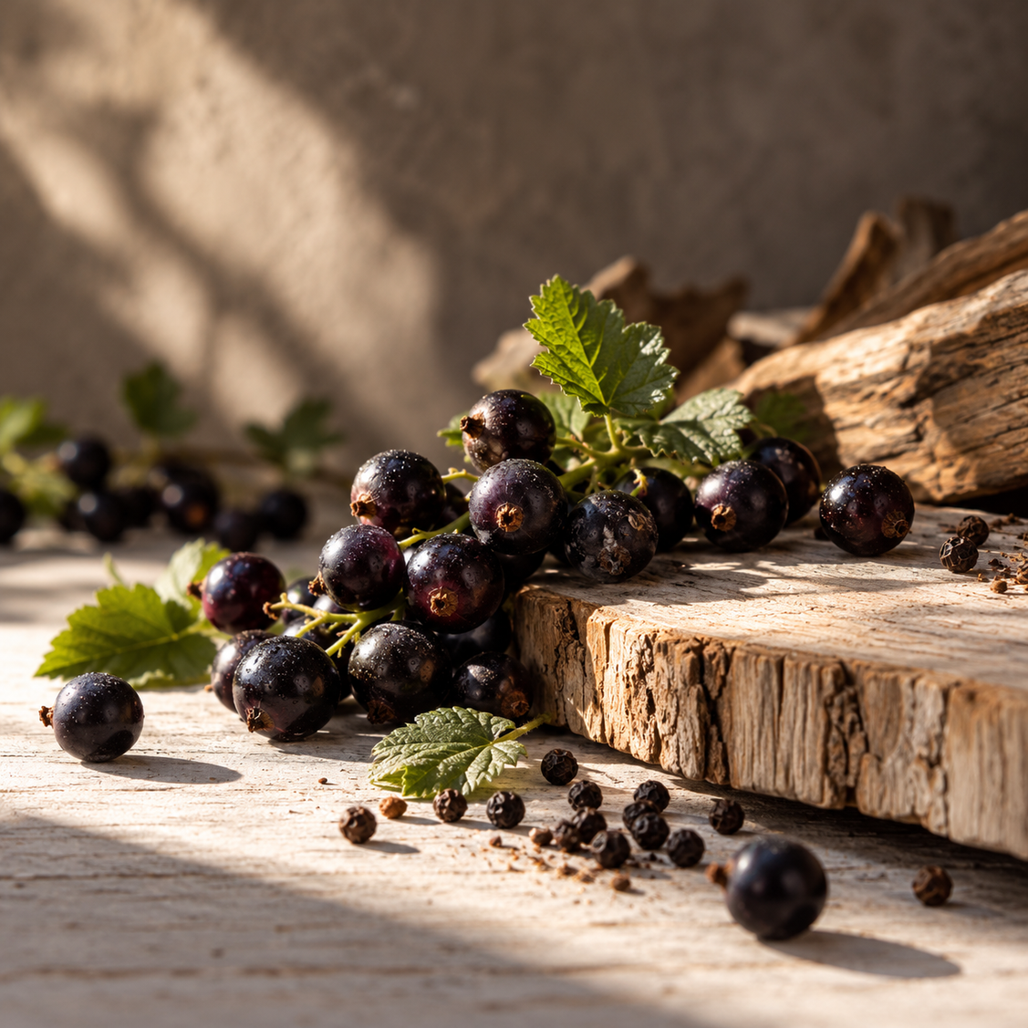 Black currants on an oak board with black pepper berries 