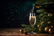 Champagne being poured from a dark green bottle into a clear champagne flute, set on a wooden surface with Christmas tree branches, gold ornaments, and a dark festive background.