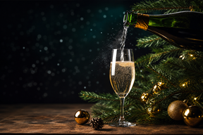 Champagne being poured from a dark green bottle into a clear champagne flute, set on a wooden surface with Christmas tree branches, gold ornaments, and a dark festive background.