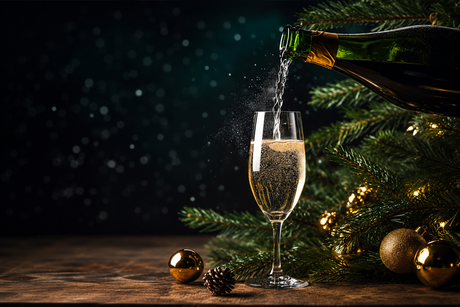 Champagne being poured from a dark green bottle into a clear champagne flute, set on a wooden surface with Christmas tree branches, gold ornaments, and a dark festive background.