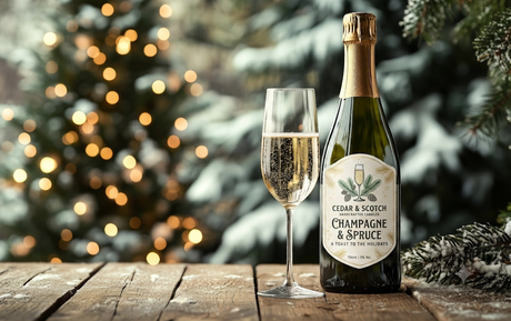 A bottle of Cedar & Scotch Champagne & Spruce next to a filled champagne flute on a rustic wooden table, with a blurred festive Christmas tree background.