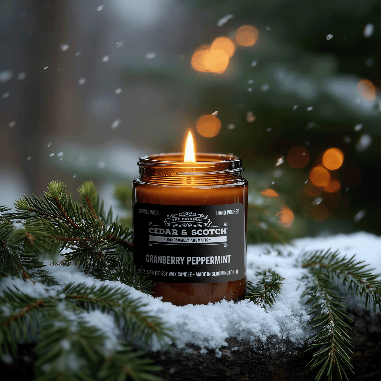 A lit amber glass jar candle labeled Cedar & Scotch Cranberry Peppermint sits outdoors in snow with pine branches around it, against a blurred holiday background with falling snow and warm lights.