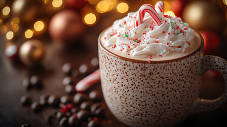 Coffee mug filled with espresso topped with whipped cream and peppermints.