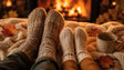 Four cozy knit socks worn on feet resting on a warm cream blanket near a glowing fireplace, with autumn leaves and a ceramic mug nearby.