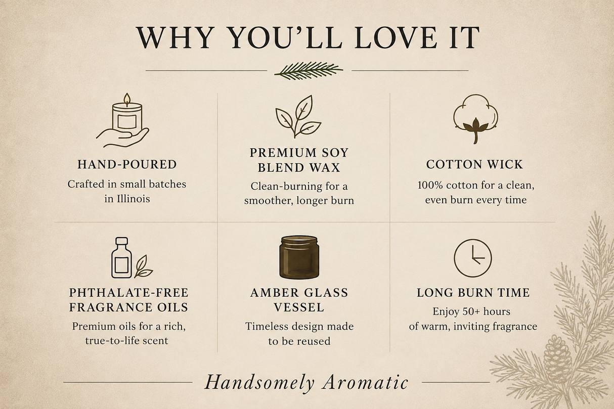 An informational graphic titled 'WHY YOU'LL LOVE IT' for Handsomely Aromatic, showing six feature callouts with icons and text: hand-poured wax, premium soy blend wax, cotton wick, phthalate-free fragrance oils, an amber glass vessel, and long burn time, on a beige background.