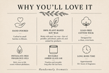 An infographic titled 'WHY YOU'LL LOVE IT' on a warm beige background, showing six feature callouts with line icons and text about the fragrance oil product: hand-poured batches, 100% plant-based soy wax, lead-free cotton wick, phthalate-free fragrance oils, a reusable amber glass jar, and long burn time. The brand name 'Handsomely Aromatic' appears at the bottom.